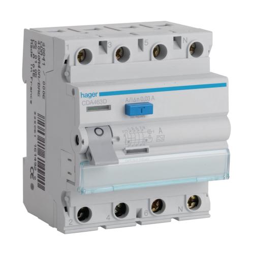 Reststrømsafbryder 3Polet+N A-Type 63A 30mA 440V Hager