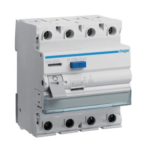 Reststrømsafbryder 3Polet+N A-Type 25A 230-400V 300mA IP20 Hager