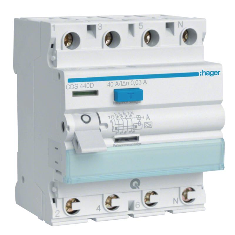 Jordfelsbrytare QuickConnect 4Poler Typ-A 40A 30mA 6kA 230-400V IP20 Hager