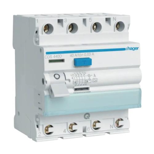 Reststrømsafbryder 3Polet+N A-Type 40A 30mA 230-400V IP20 Hager