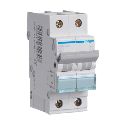 Miniature Afbryder 2Polet C-Kurve 0.5A 6kA 400V IP20 Hager