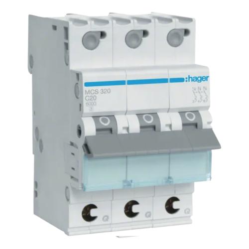 Miniature Afbryder 3Polet C-Kurve 20A 6kA 230-400V IP20 Hager