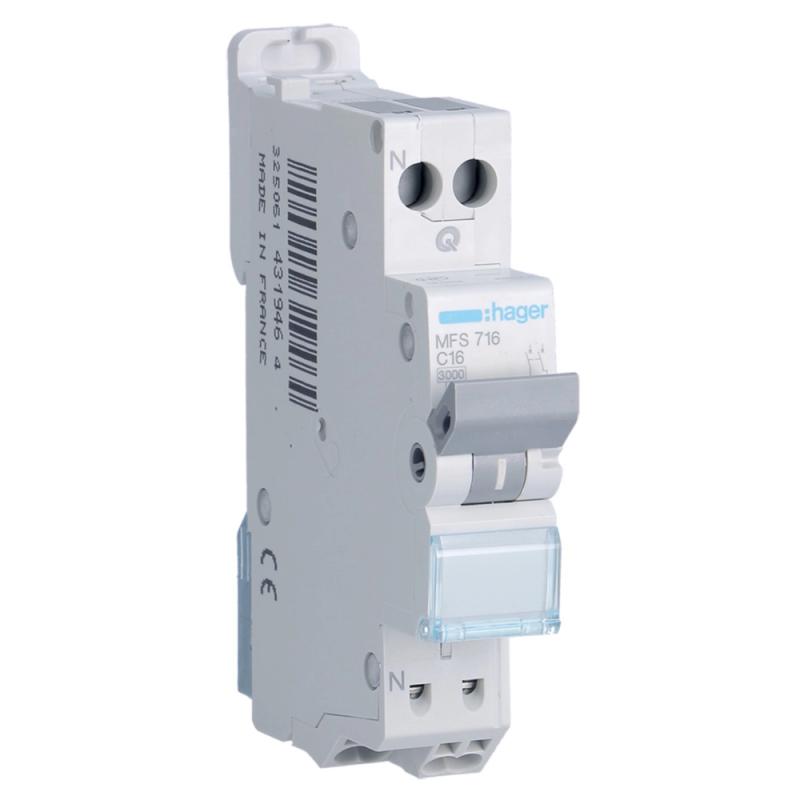 Miniatyrbrytare 1Pol+Nolla C-Karakteristik 16A 3kA 230-240V IP20 Hager