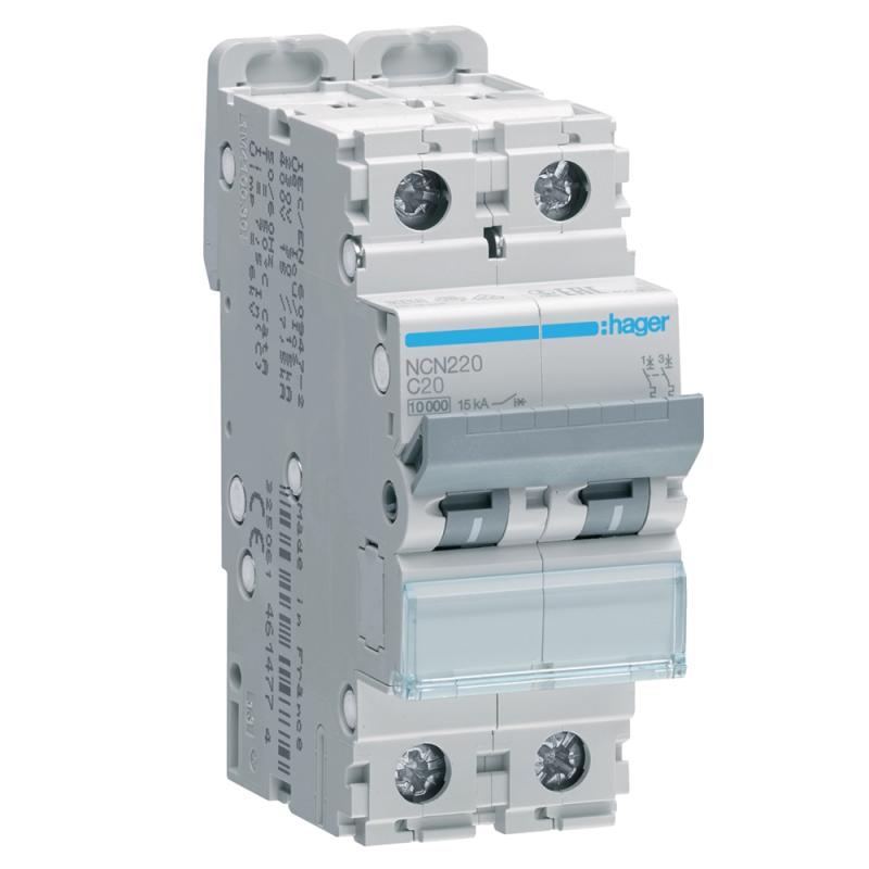 Miniatyrbrytare Skruvanslutning 2Poler C-Karakteristik 20A 10kA 400V IP20 Hager