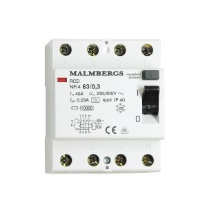 RCCB, Malmbergs, 63A, 4 Poles/Modules, 30mA, Malmbergs 2146330