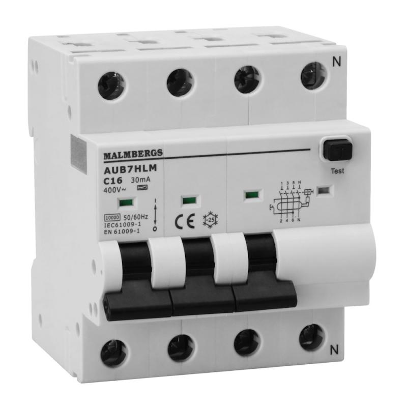 Personskyddsbrytare, A-Typ, 3P+N, 4 Moduler, C16A, 30mA, Malmbergs 2160538
