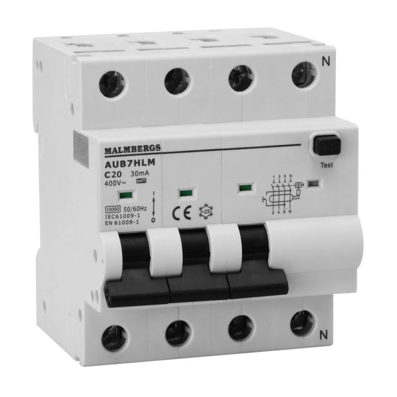 Personskyddsbrytare, A-Typ, 3P+N, 4 Moduler, C20A, 30mA, Malmbergs 2160539
