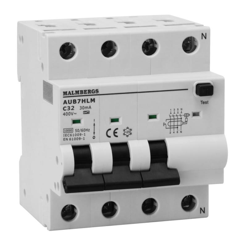 Personskyddsbrytare, A-Typ, 3P+N, 4 Moduler, C32A, 30mA, Malmbergs 2160545