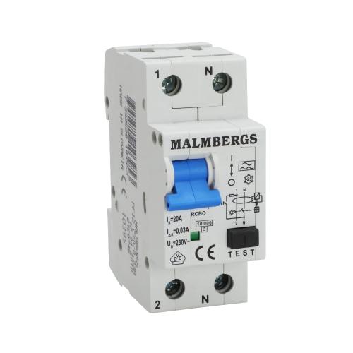 Jordfejlafbryder A-Type, 1P+N, C20A, 30mA, Malmbergs 2169746