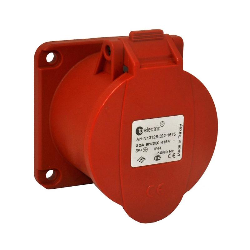 Paneluttag, Infällt, Rakt, 32A, 3P+Jord, 6H, 400V, IP44, TP Electric 2426108