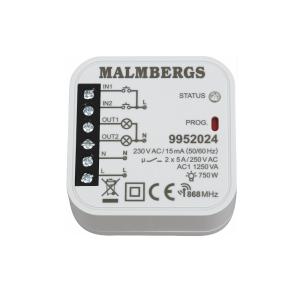 Wireless Receiver, 868MHz, 2-Channel, IP20, 750W, 230V, Malmbergs 9952024