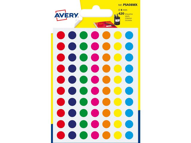 Etikett AVERY 8mm blandade färger 420/fp