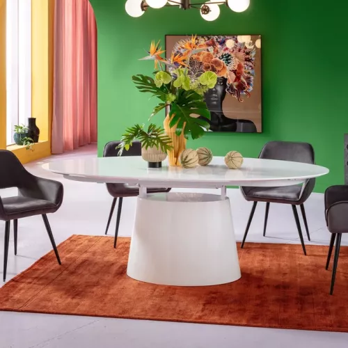 Bord Oval högglans förlängningsbart vit högglans 200 (+50) × 110 cm