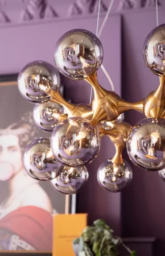 Taklampa Atoms - Guld, 18 glasklot Ø74cm