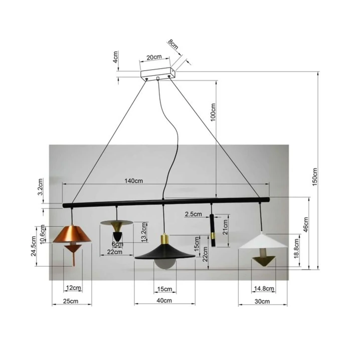 Taklampa Cappelli flerfärgad, 155 cm, Vit/Svart/Guld, mått 150 x 154.5 x 35 cm, med fokus på konstruktion och utförande