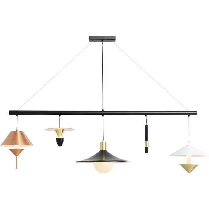 Taklampa Cappelli flerfärgad, 155 cm, Vit/Svart/Guld, mått 150 x 154.5 x 35 cm, sedd framifrån