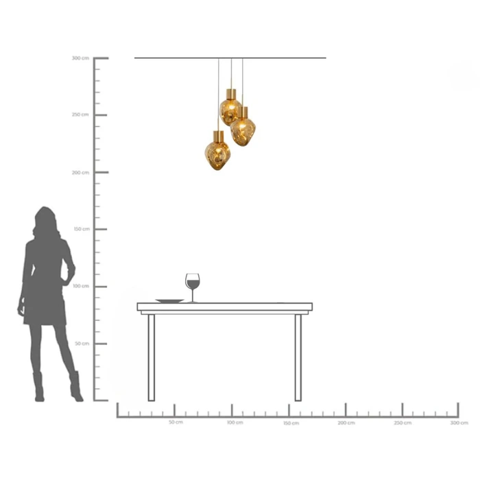 Taklampa Supernova guld, 3 skärmar Ø45 cm, mått 160 x 45 x 45 cm, konstruktion