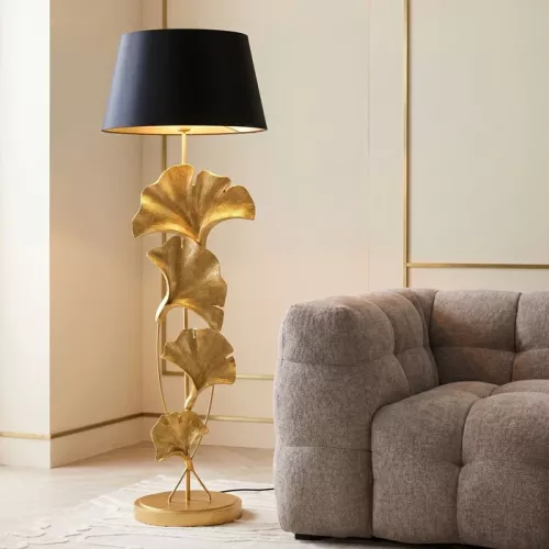 Golvlampa Ginkgo Leafs svart/guld, 129 cm