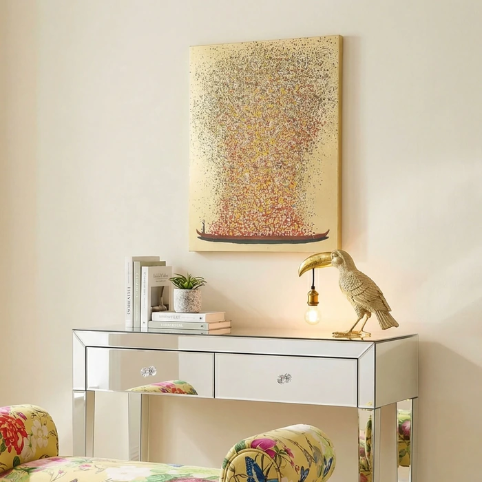 Tavla Flower Boat guld/rosa, 40 x 50 cm, mått 50 x 40 x 3.5 cm, placerad i rumsmiljö