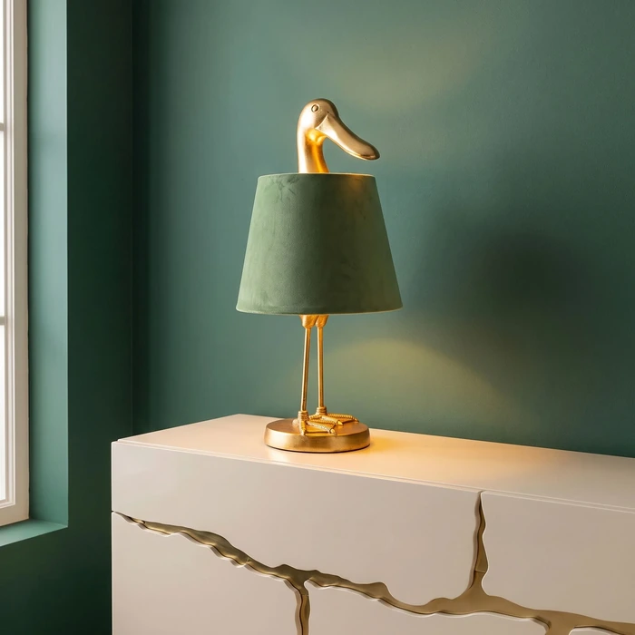 Bordslampa Duck med anka, 61 cm, Guld/Grön, mått 61 cm, placerad i rumsmiljö