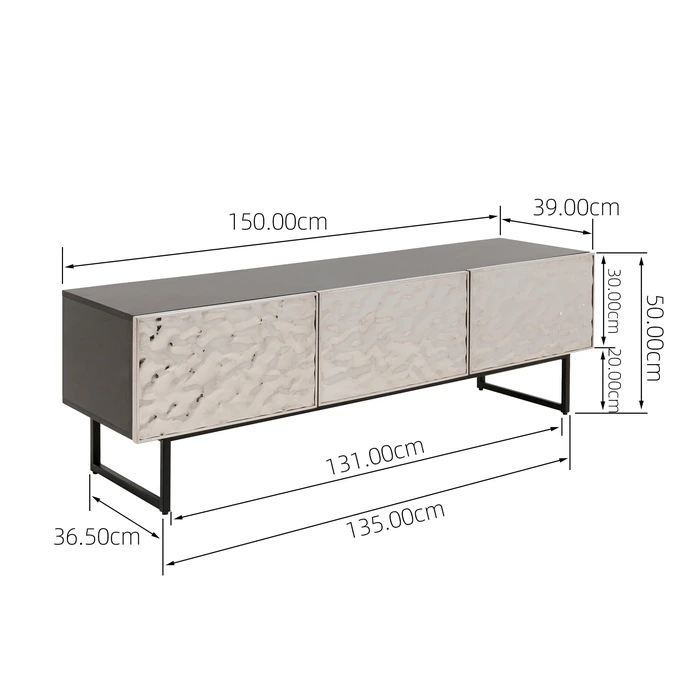 TV-bänk Carino, 150 x 50 cm, Silver/Svart, mått 50 x 151 x 39 cm, visad med tydliga proportioner