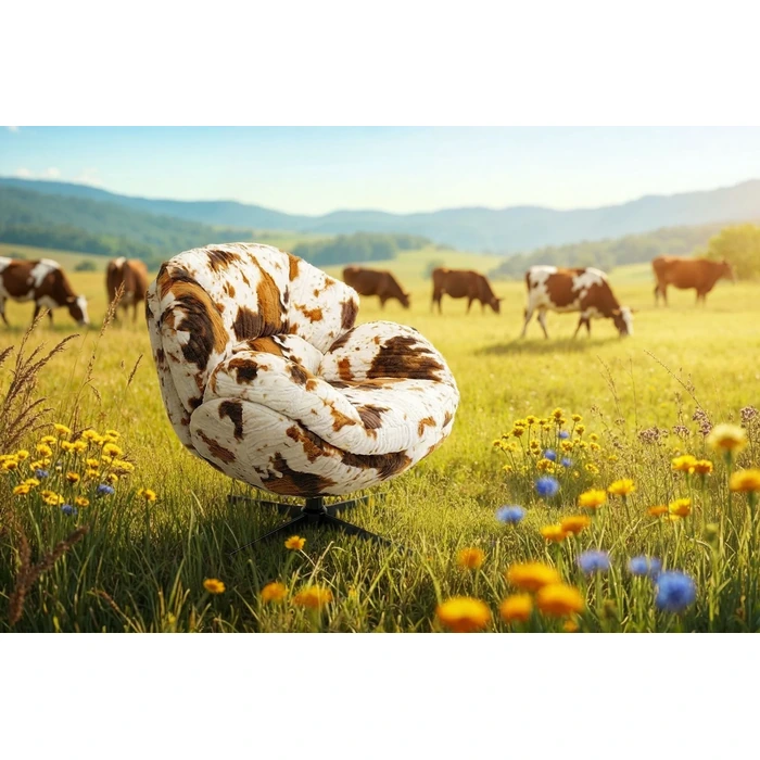 Snurrfåtölj Cutie Cow, Vit/Brun, mått 46 cm, placerad i rumsmiljö