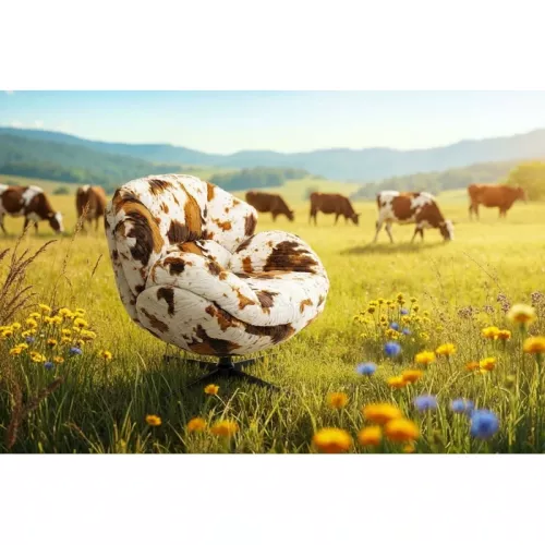 Snurrfåtölj Cutie Cow, Vit/Brun, mått 46 cm, placerad i rumsmiljö