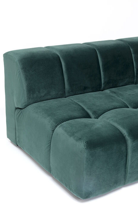 Hörnsoffa i sammet i en blårgrön färg