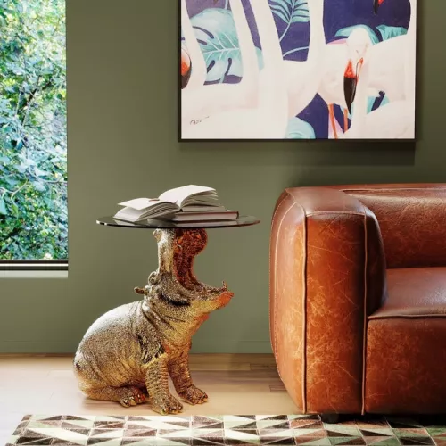 Sidobord Sitting Hippo - Flodhäst, Guld, Ø48cm