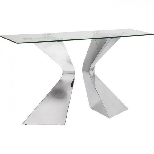 Elegant konsolbord med skiva i klarglas och kromat underrede