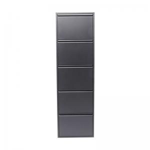 Ett högt och grunt skoskåp i mörk grå metallfinish