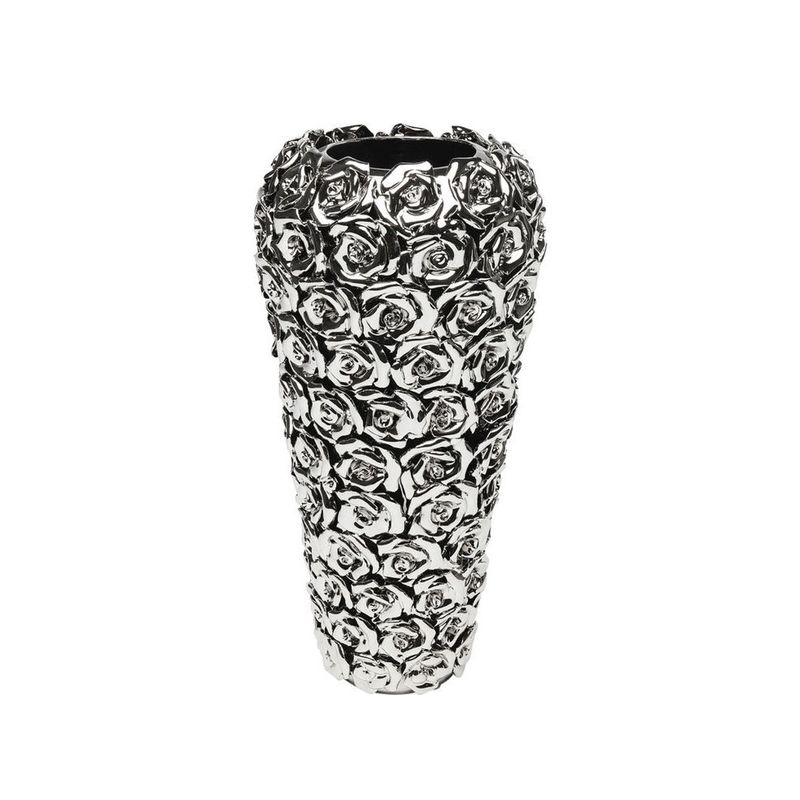 En läcker silverfärgad vas dekorerad med rosor och fin med rosor i.