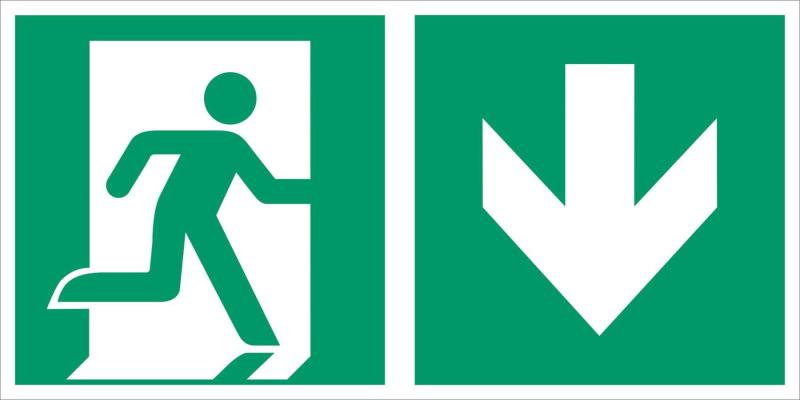 Utrymningsskylt pil ned  piktogram höger