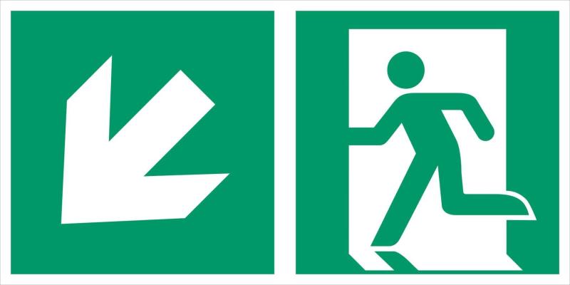 Utrymningsskylt pil vänster diagonal ned