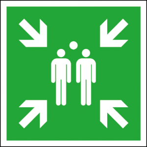 Efterlysande utrymningsskylt återsamlingsplats