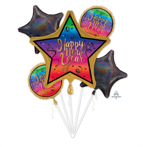 Folieballong "happy New Year" 5 ballongs bukett