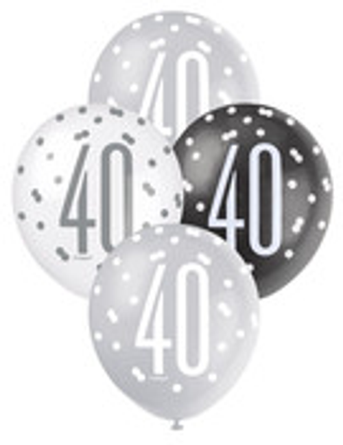 Latexballonger Vitt,svart och silver 40år 6-pack