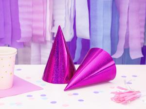 Holographic party hats, dark pink,16cm