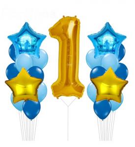Sifferballong i guld med ballongbukett blå