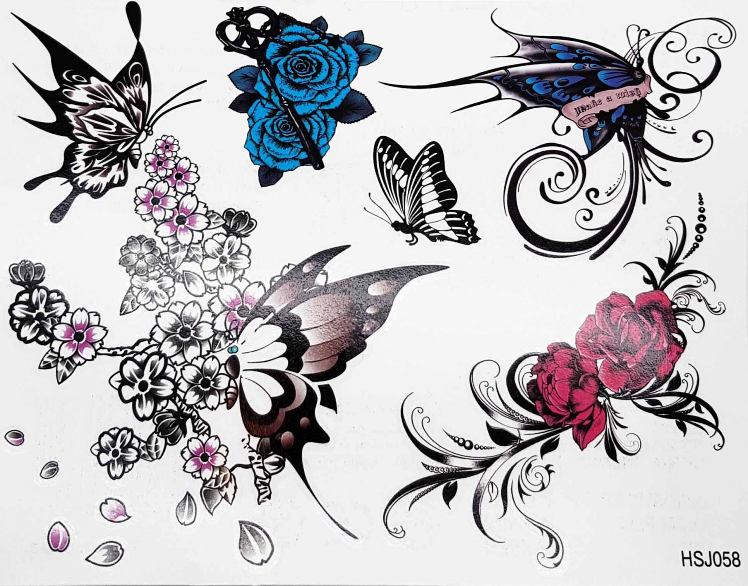 Tatuering fjärilar och rosor
