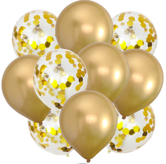 10st Konfetti & Chrome heliumballonger Guld