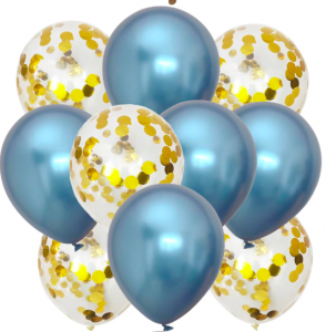 10st Konfetti & Chrome heliumballonger Blå & Guld