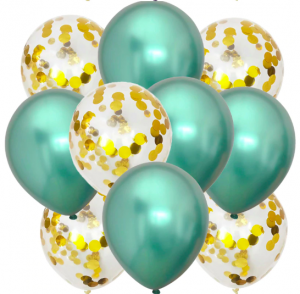 10st Konfetti & Chrome heliumballonger Grön & Guld