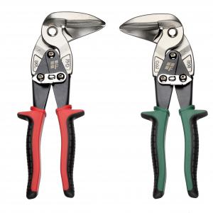 Plåtsaxar med 90 grader vinkel, högersax med gröna handtag ohc vänstersax med röda handtag