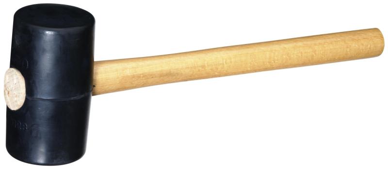Klubba med träskaft och huvud av gummi. En sida plan och en kupad.