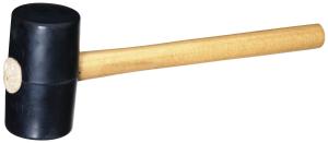 Klubba med träskaft och huvud av gummi. En sida plan och en kupad.