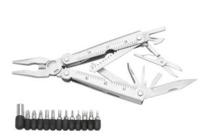 Utfällbart multifunktionsverktyg med sax, kniv, tång, mätning och skruvmejsel