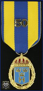 Hemvärnets tjänstgöringsmedalj i guld och emalj med parmonterad siffra för 50 tjänsteår