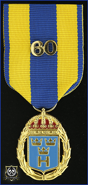 Hemvärnets tjänstgöringsmedalj i guld och emalj med parmonterad siffra för 60 tjänsteår