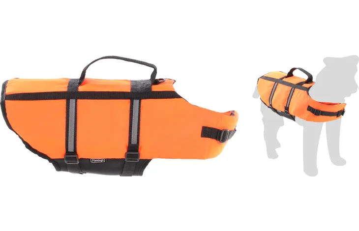 Orange flytväst till hundar med ett svart kraftigt handtag överst
